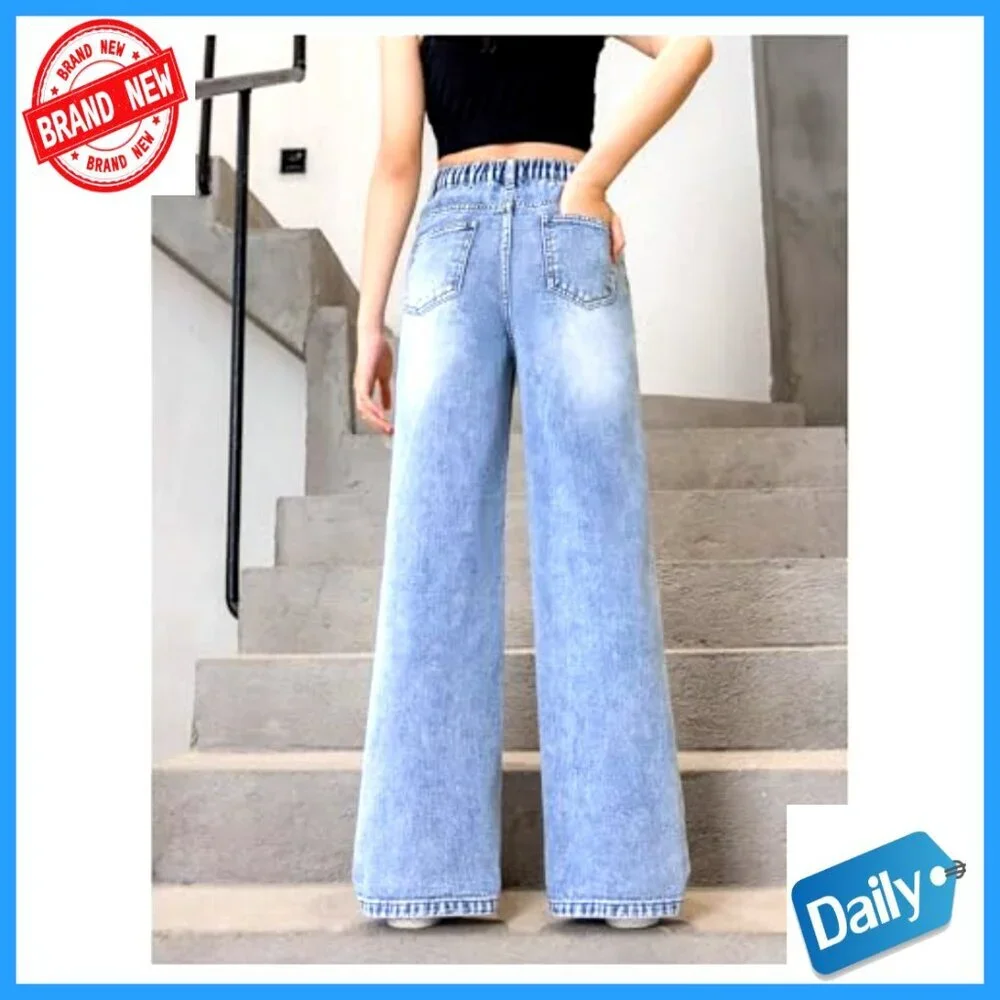 Girl's High Waist Elastic Ripped Wide Leg Jeans Distressed Denim Pants